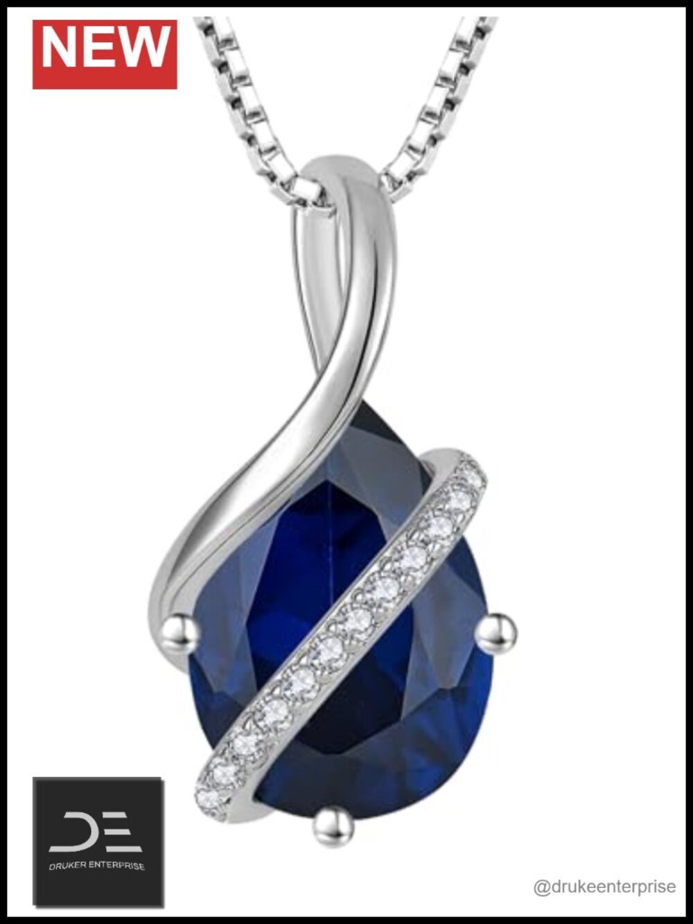 Sterling Silver Teardrop Necklace Created Sapphire Pendant 18-20 Inch Chain